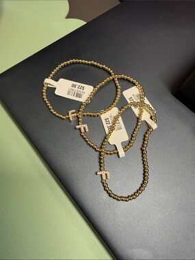 Zoe Belle Gold Beaded Stretch Bracelet with Pavé 'F' initial Charm